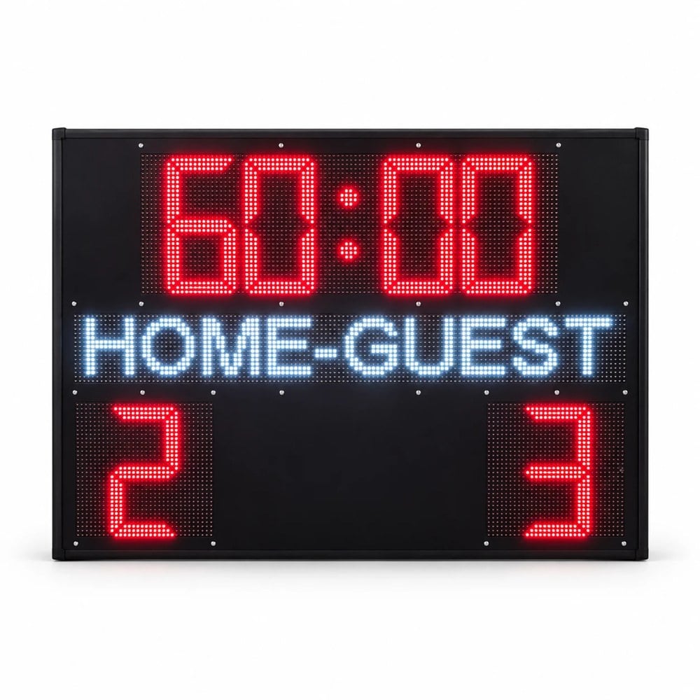 Futbol skorbord 100 x 140 cm, maç süresi 60:00 ve HOME-GUEST takım isim satırı